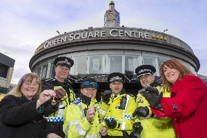 L-R Cllr Mary Rasmussen, T/Chief Inspector Yorston, TravelSafe PCSO, Sgt Gary Ratcliff, Chief Inspector O'Rourke, Nicola Swanson, TravelSafe Officer.