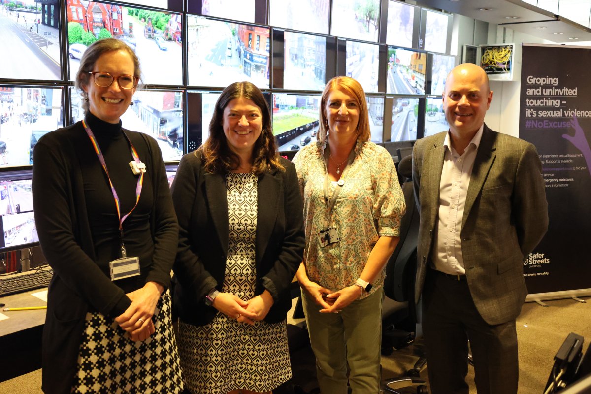 (L-R) Liverpool City Council's Head of Safer and Stronger Communities Jenny Ewels, PCC Emily Spurrell, TravelSafe Officer Nicola Swanson, MerseyTravel Chair Cllr Liam Robinson.JPG, PCC Emily Spurrell on a visit to the CityWatch control room.