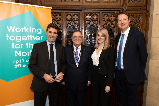 L-R Mayor of Greater Manchester Andy Burnham; Roger Marsh, Chair of the NP11; Dehenna Davison, MP for Bishop Auckland; Simon Clarke, Minister of State at the Ministry of Housing, Communities and Local Government. 